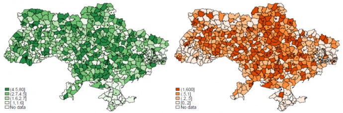 Процент участков с ошибками в общем количестве зарегистрированных участков (слева) и процент площади с ошибками в общей площади района (по форме 6-зем) (справа), в 2014 год - июль 2015